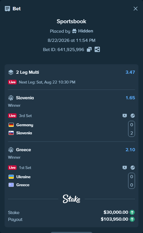 Bet slip: Germany - Slovenia, $30,000.00 stake at 1.65 odds, placed by Hidden