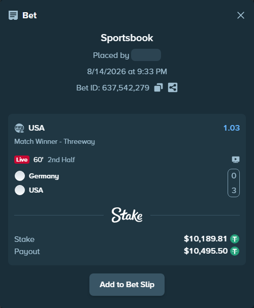 Bet slip: Germany - USA, $10,200.00 stake at 1.03 odds, placed by BatyrM