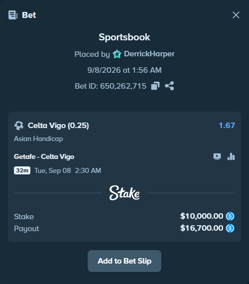 Bet slip: Getafe - Celta Vigo, $10,000.00 stake at 1.67 odds, placed by DerrickHarper