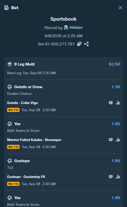 Bet slip: Getafe - Celta Vigo, $10,000.00 stake at 1.39 odds, placed by Hidden