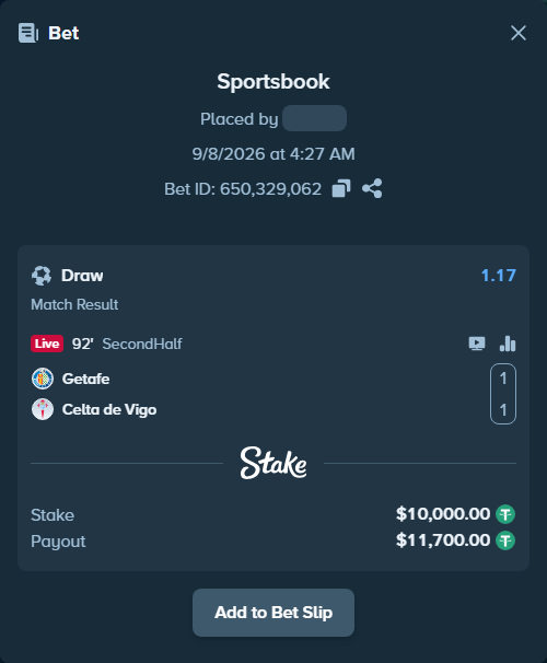 Bet slip: Getafe - Celta Vigo, $10,000.00 stake at 1.17 odds, placed by bwullf75