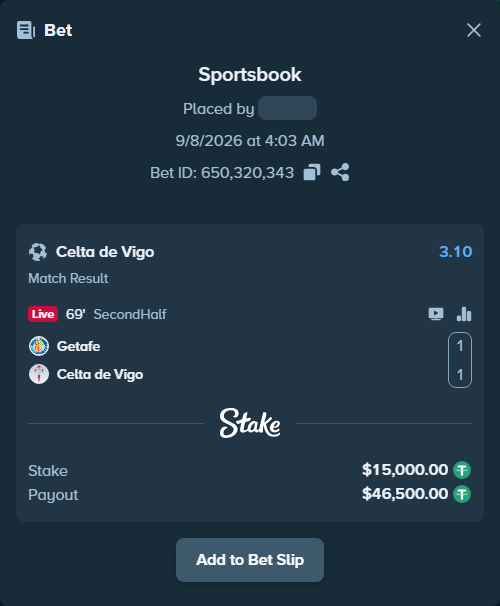 Bet slip: Getafe - Celta Vigo, $15,000.00 stake at 3.10 odds, placed by hanemerl10