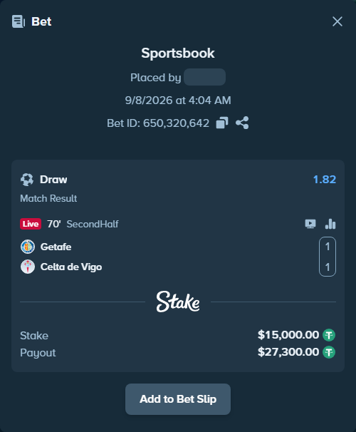 Bet slip: Getafe - Celta Vigo, $15,000.00 stake at 1.82 odds, placed by petterblom