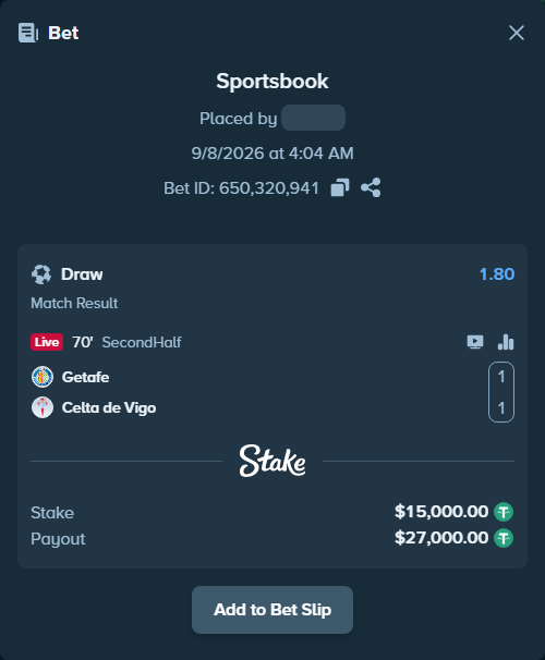 Bet slip: Getafe - Celta Vigo, $15,000.00 stake at 1.80 odds, placed by petterblom