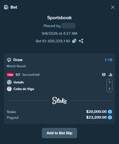 Bet slip: Getafe - Celta Vigo, $20,000.00 stake at 1.16 odds, placed by Bokket