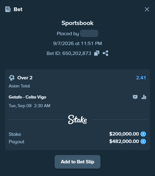 Bet slip: Getafe - Celta Vigo, $200,000.00 stake at 2.41 odds, placed by dabgang
