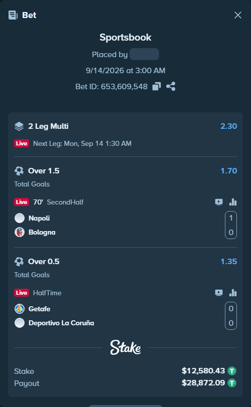 Bet slip: Getafe - Deportivo La Coruna, $12,577.91 stake at 1.35 odds, placed by KOHINUR7474