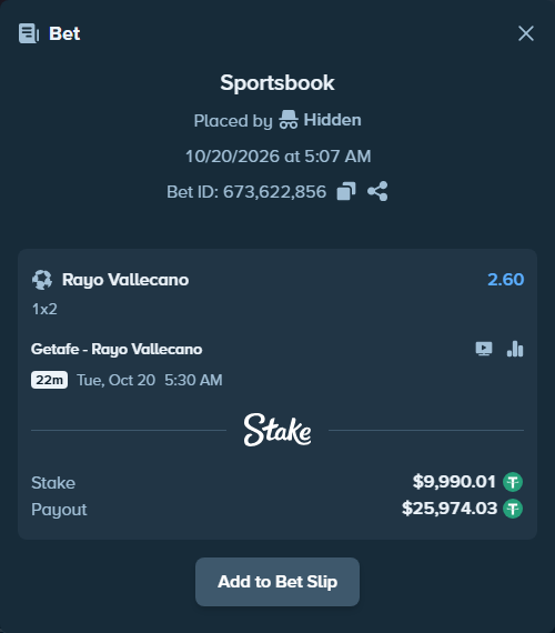 Bet slip: Getafe - Rayo Vallecano, $10,000.00 stake at 2.60 odds, placed by jeromecua