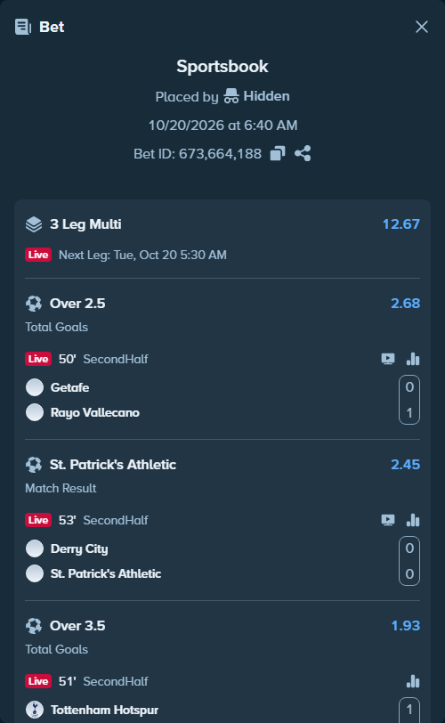 Bet slip: Getafe - Rayo Vallecano, $10,000.00 stake at 2.68 odds, placed by kabic555