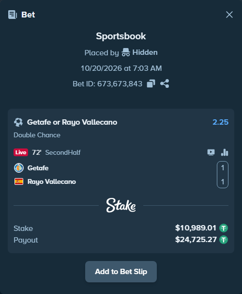 Bet slip: Getafe - Rayo Vallecano, $11,000.00 stake at 2.25 odds, placed by Wawakok