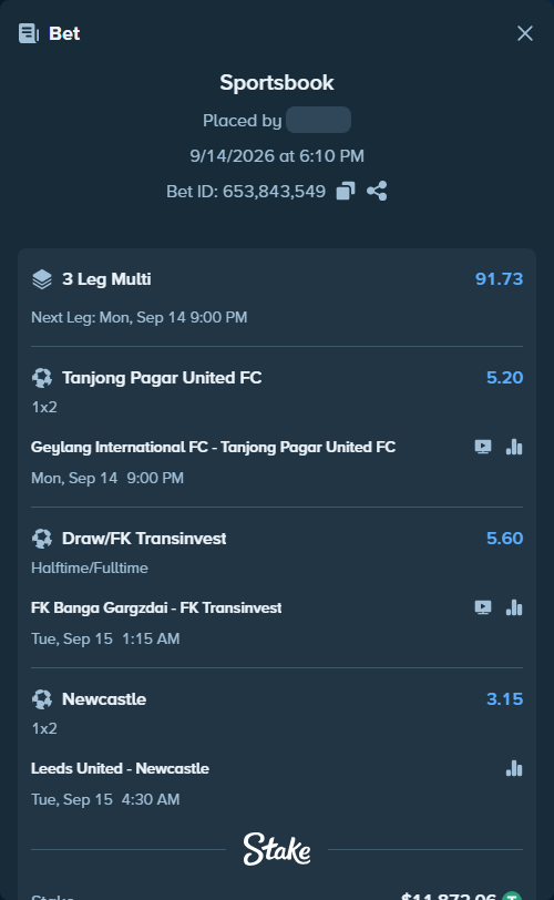 Bet slip: Geylang International FC - Tanjong Pagar United, $11,872.06 stake at 5.20 odds, placed by kabic555