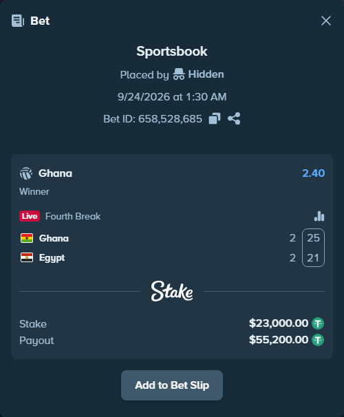 Bet slip: Ghana - Egypt, $23,000.00 stake at 2.40 odds, placed by Hidden