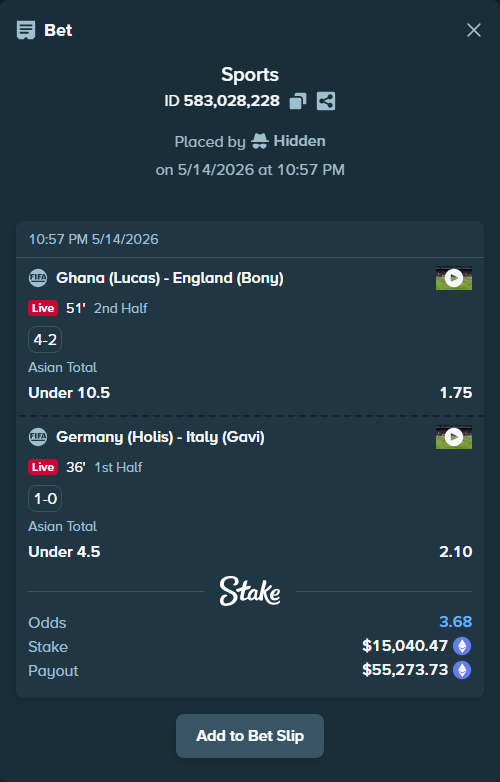 Bet slip: Ghana (Lucas) - England (Bony), $11,536.27 stake at 1.75 odds, placed by Hidden