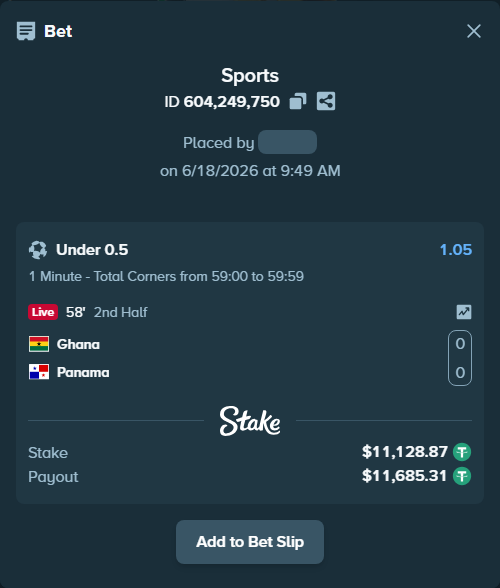 Bet slip: Ghana - Panama, $11,140.00 stake at 1.05 odds, placed by harshalB0908