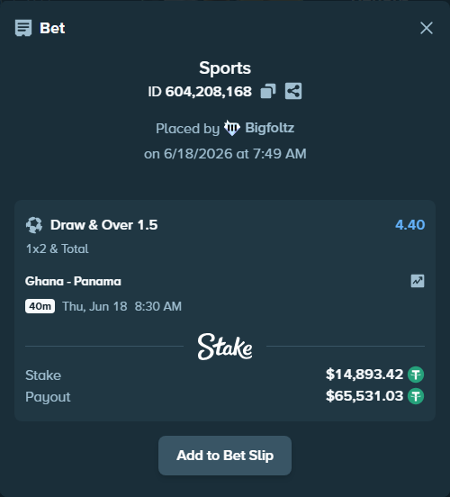 Bet slip: Ghana - Panama, $14,908.31 stake at 4.40 odds, placed by Bigfoltz