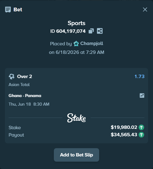 Bet slip: Ghana - Panama, $20,000.00 stake at 1.73 odds, placed by Champjoll