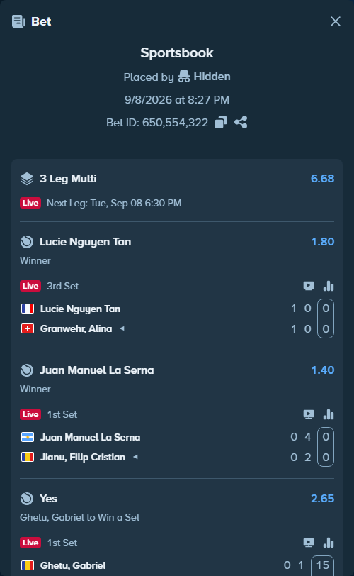 Bet slip: Ghetu, Gabriel - Butvilas, Edas, $10,000.00 stake at 2.65 odds, placed by Hidden