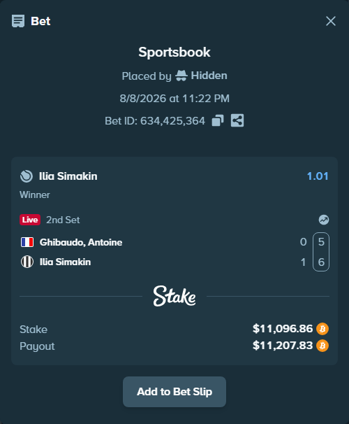 Bet slip: Ghibaudo, Antoine - Ilia Simakin, $11,119.87 stake at 1.01 odds, placed by Hidden