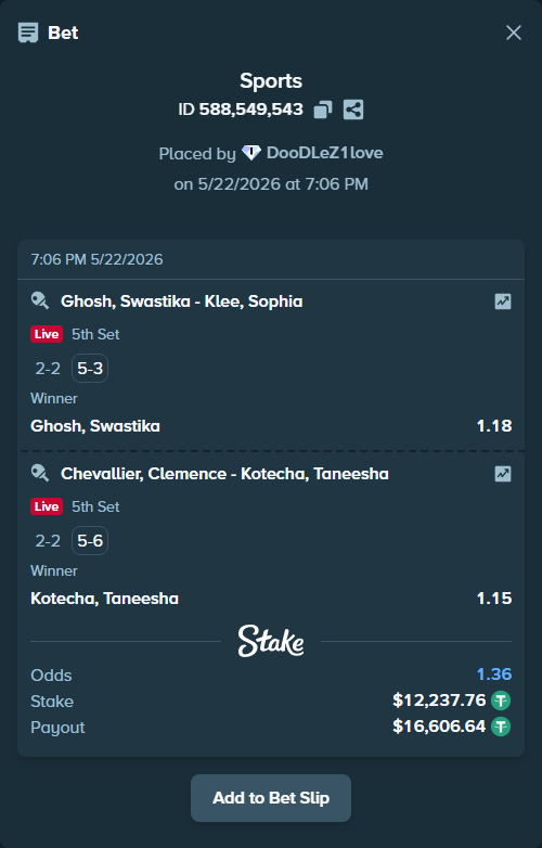 Bet slip: Ghosh, Swastika - Klee, Sophia, $12,250.00 stake at 1.18 odds, placed by DooDLeZ1love