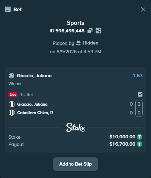 Bet slip: Giaccio, Juliana - Caballero Chica, R, $10,000.00 stake at 1.67 odds, placed by Hidden