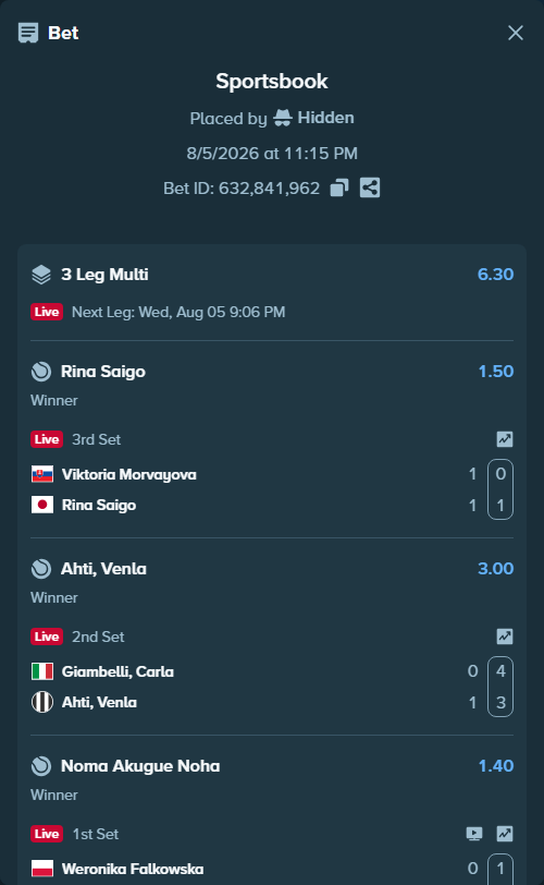 Bet slip: Giambelli, Carla - Ahti, Venla, $10,000.00 stake at 3.00 odds, placed by Hidden