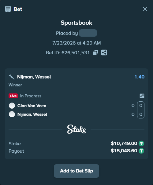 Bet slip: Gian Van Veen - Nijman, Wessel, $10,759.75 stake at 1.40 odds, placed by TheEarlinGrey