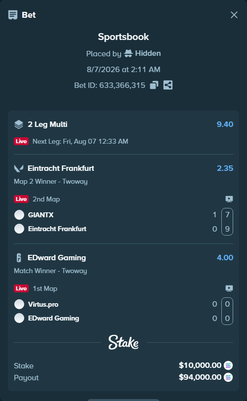 Bet slip: GIANTX - Eintracht Frankfurt, $9,919.46 stake at 2.35 odds, placed by Hidden
