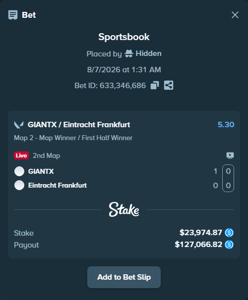 Bet slip: GIANTX - Eintracht Frankfurt, $23,974.87 stake at 5.30 odds, placed by Cabrzy