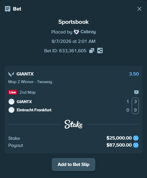 Bet slip: GIANTX - Eintracht Frankfurt, $25,000.00 stake at 3.50 odds, placed by Cabrzy