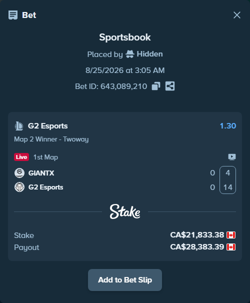 Bet slip: GIANTX - G2 Esports, $16,156.70 stake at 1.30 odds, placed by Hidden