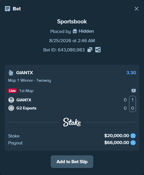 Bet slip: GIANTX - G2 Esports, $20,000.00 stake at 3.30 odds, placed by Hidden