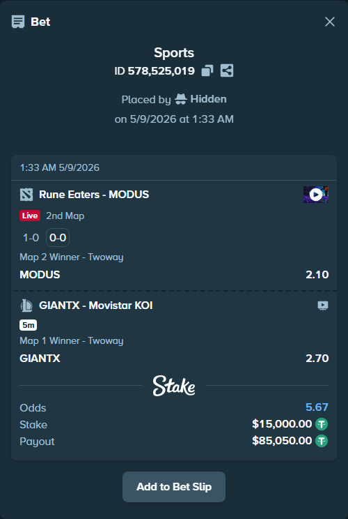 Bet slip: GIANTX - Movistar KOI, $15,000.00 stake at 2.70 odds, placed by Hidden