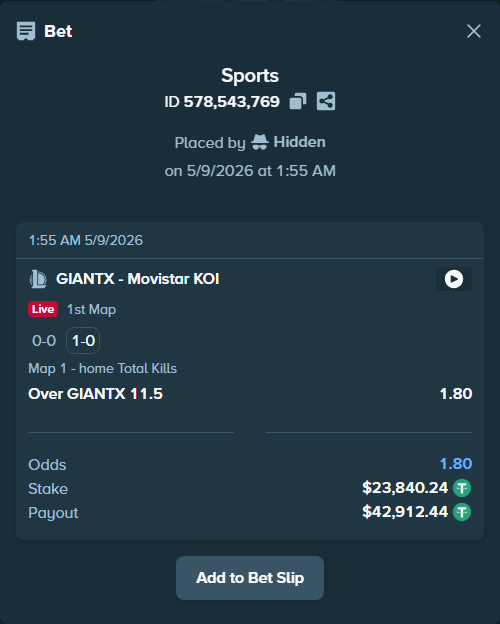 Bet slip: GIANTX - Movistar KOI, $23,840.24 stake at 1.80 odds, placed by Hidden