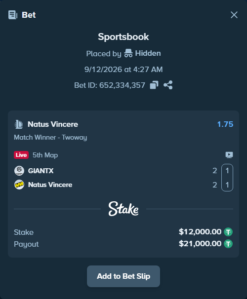 Bet slip: GIANTX - Natus Vincere, $12,000.00 stake at 1.75 odds, placed by Hidden