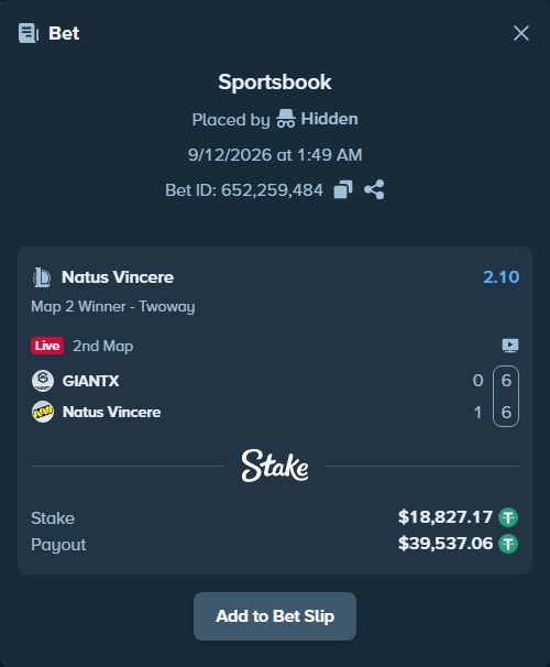 Bet slip: GIANTX - Natus Vincere, $18,846.00 stake at 2.10 odds, placed by Hidden