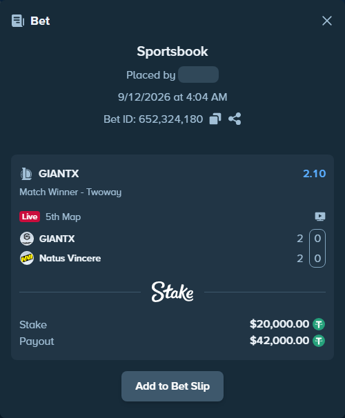 Bet slip: GIANTX - Natus Vincere, $20,000.00 stake at 2.10 odds, placed by fantasy7788