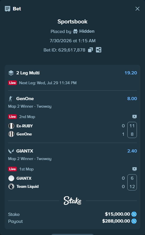 Bet slip: GIANTX - Team Liquid, $15,000.00 stake at 2.40 odds, placed by Hidden