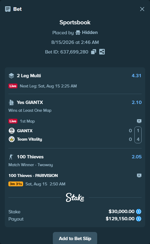 Bet slip: GIANTX - Team Vitality, $30,000.00 stake at 2.10 odds, placed by Hidden