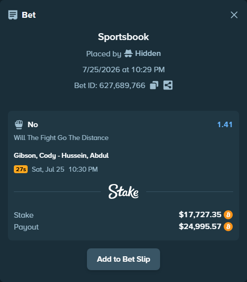 Bet slip: Gibson, Cody - Hussein, Abdul, $17,799.99 stake at 1.41 odds, placed by theoutlaw