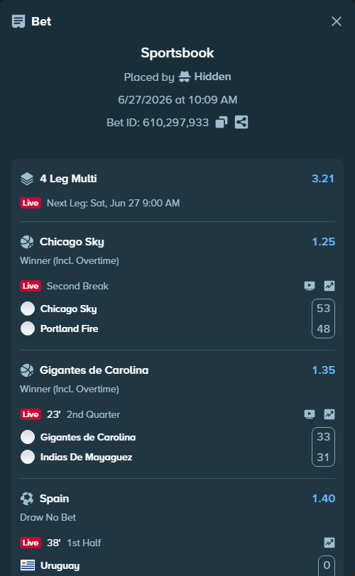 Bet slip: Gigantes de Carolina - Indios de Mayaguez, $31,509.63 stake at 1.35 odds, placed by Hidden