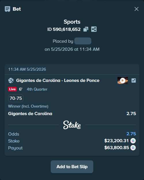 Bet slip: Gigantes de Carolina - Leones de Ponce, $20,011.83 stake at 2.75 odds, placed by Prettylfacko98