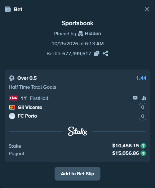 Bet slip: Gil Vicente - Porto, $10,466.61 stake at 1.44 odds, placed by Hidden
