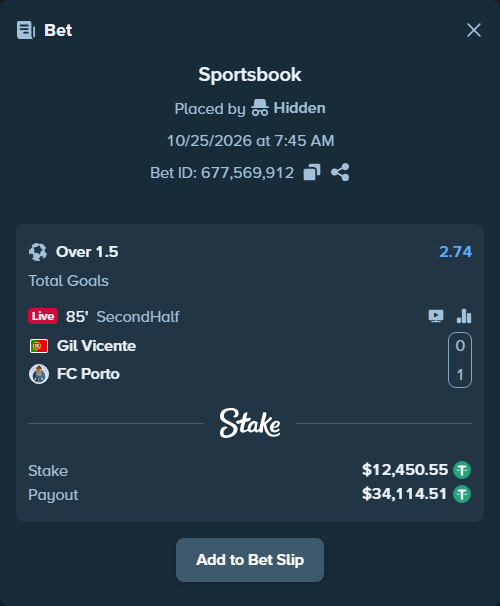Bet slip: Gil Vicente - Porto, $12,463.00 stake at 2.74 odds, placed by Hidden