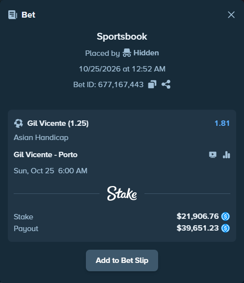Bet slip: Gil Vicente - Porto, $21,906.76 stake at 1.81 odds, placed by pixlven