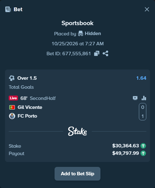 Bet slip: Gil Vicente - Porto, $30,394.99 stake at 1.64 odds, placed by Hidden