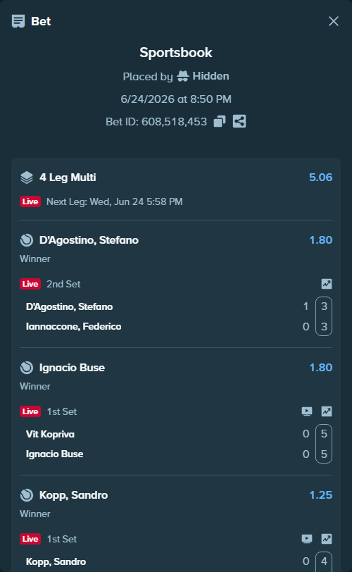 Bet slip: Giles Hussey - Quentin Halys, $10,000.00 stake at 1.25 odds, placed by Hidden