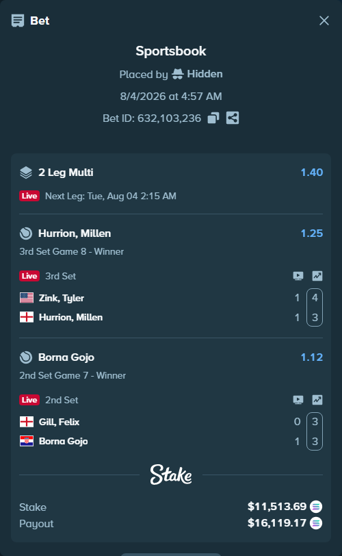 Bet slip: Gill, Felix - Borna Gojo, $11,303.82 stake at 1.12 odds, placed by Hidden
