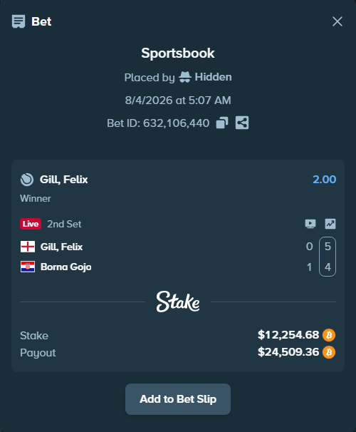 Bet slip: Gill, Felix - Borna Gojo, $12,328.54 stake at 2.00 odds, placed by Hidden