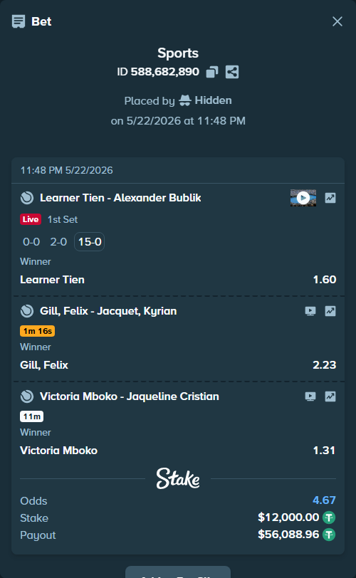 Bet slip: Gill, Felix - Jacquet, Kyrian, $12,012.00 stake at 2.23 odds, placed by Hidden