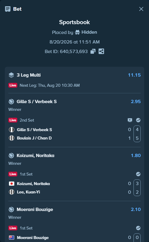 Bet slip: Gille S / Verbeek S - Boulais J / Chan D, $10,000.00 stake at 2.95 odds, placed by Hidden